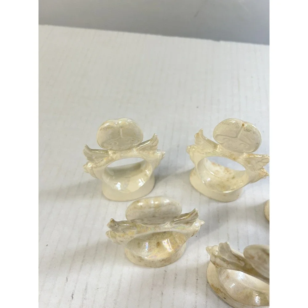 Vintage Iridescent Ceramic Angel Napkin Rings‎ Set of 5 Cream Pearlized Finish